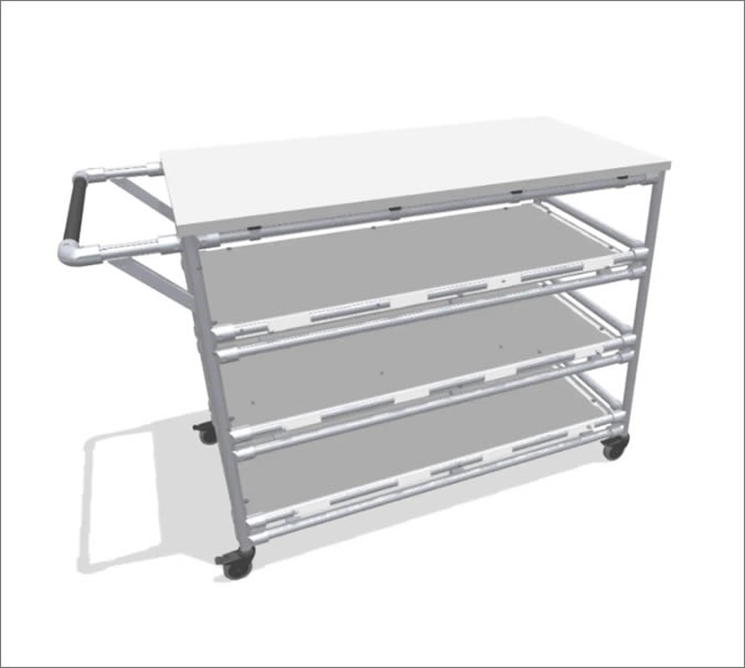 Practical hand trolley with working surface and storage levels