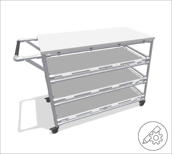 Practical hand trolley with working surface and storage levels