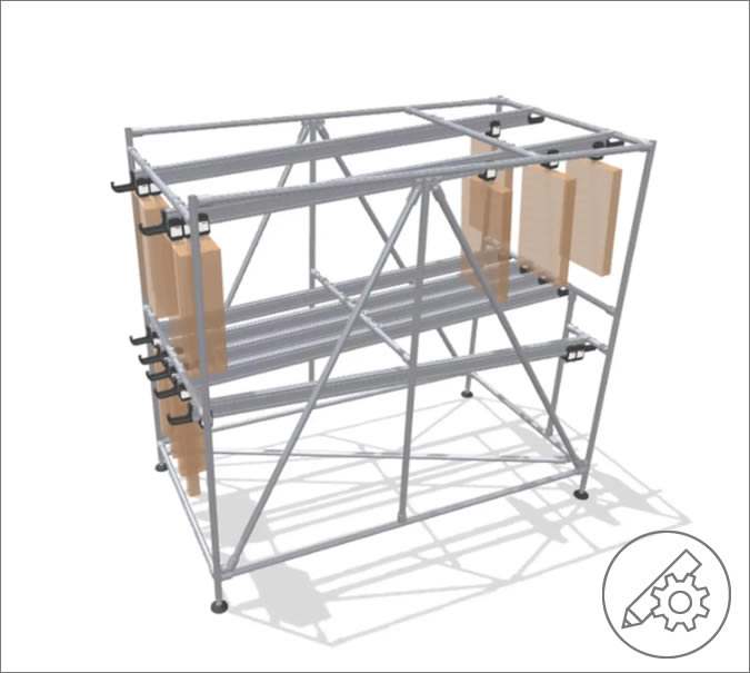 Slim FIFO rack with suspended material transport