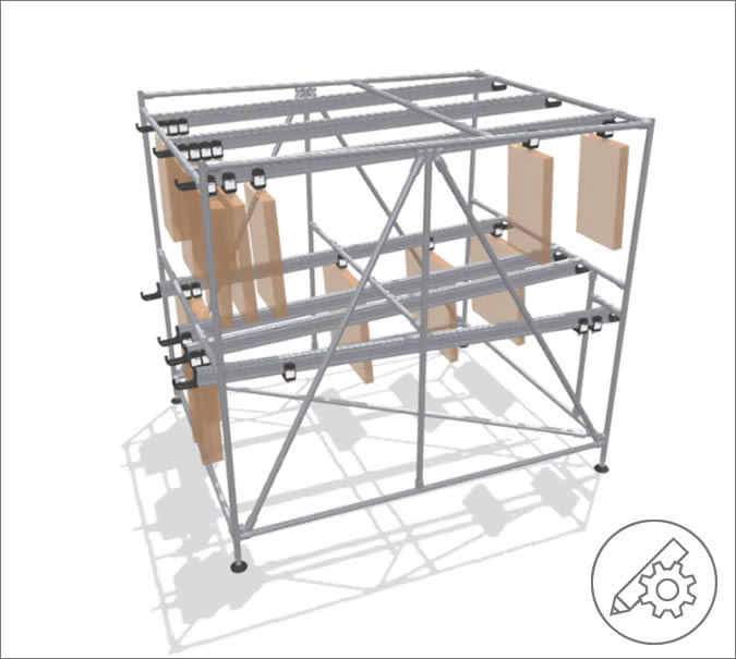 Wide FIFO rack with suspended material transport