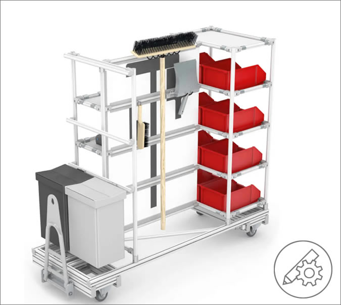 Complete 5S cleaning unit with Drawbars for connecting to a tugger train