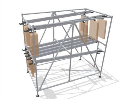 Slim FIFO rack with suspended material transport