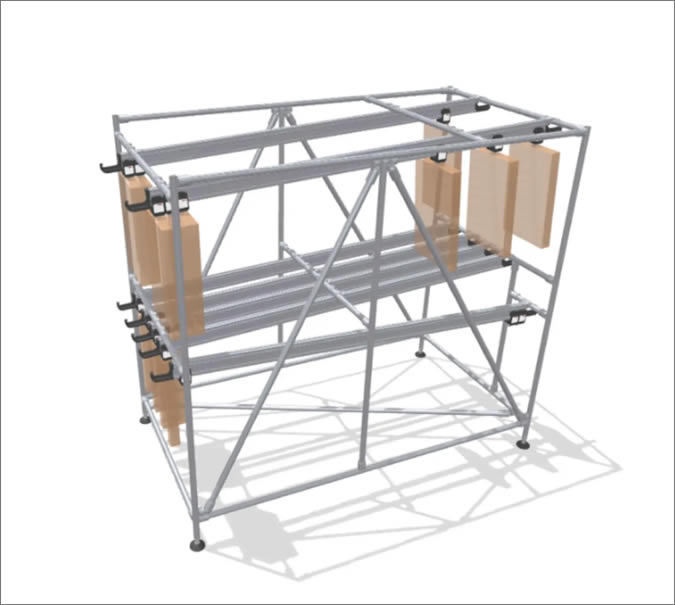 Slim FIFO rack with suspended material transport