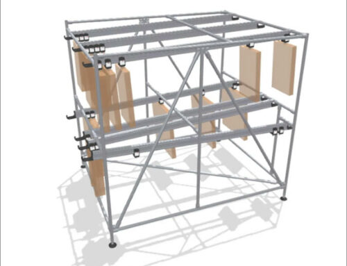 Wide FIFO rack with suspended material transport