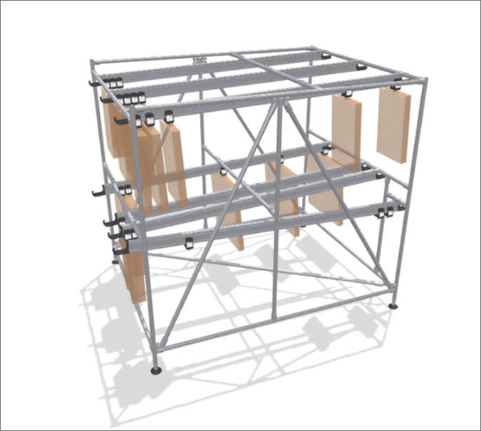 Wide FIFO rack with suspended material transport